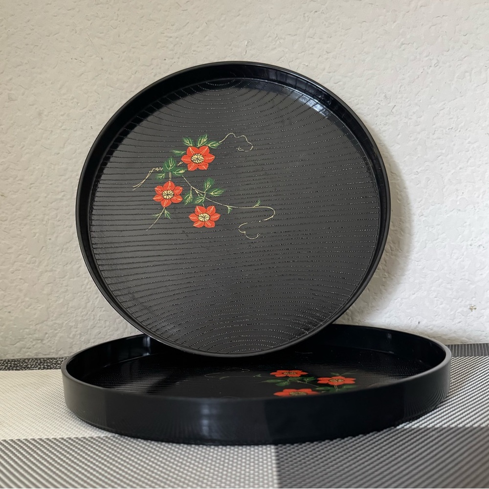 Black Serving Trays with Red Floral Design